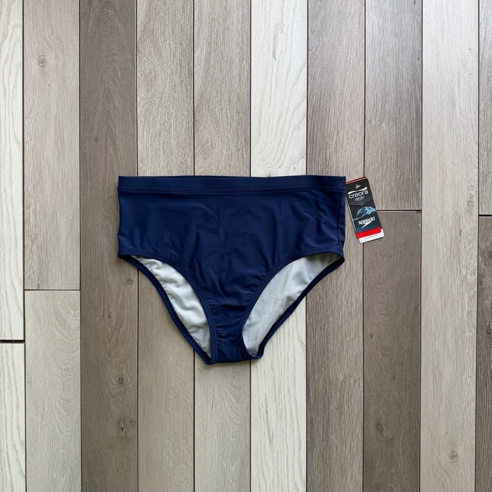 Speedo women’s navy blue high-waisted swimwear bottoms.